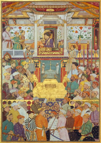 Padshahnama Tafel 10: Shah-Jahan empfängt seine drei ältesten Söhne und Asaf Khan während seiner Krönungszeremonien (8. März 1628) von Bichitr